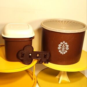 3 Pieces Vintage 1970s Tupperware Harvest Brown Canister W/Lid, Ice Bucket & Key